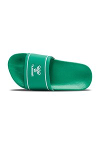 Green slide sandal with a textured strap, featuring white stripes and a logo. The footbed is smooth, designed for comfort.