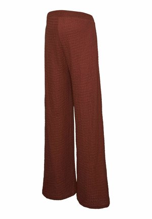 Brune bukser med vidde ben og tekstur, høj talje og løs pasform, vist på en hvid baggrund.