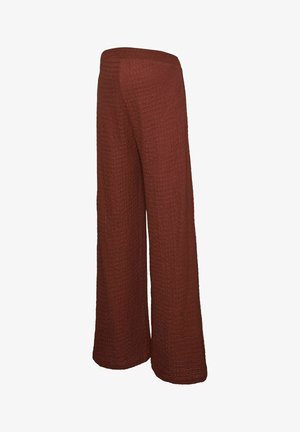 Brune bukser med vidde ben og tekstur, høj talje og løs pasform, vist på en hvid baggrund.