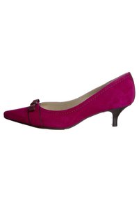 Pump in suede fucsia con punta affusolata, dettaglio decorativo in nastro nella parte anteriore e tacco piccolo e affusolato. Texture liscia e accenti cuciti.