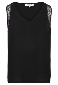 Top nero senza maniche con scollatura a V, caratterizzato da dettagli in pizzo sulle spalle e un tessuto leggero e morbido. Etichetta del marchio visibile in modo discreto.