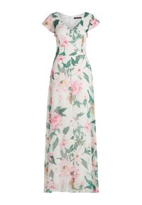 Kwiatowa sukienka maxi z lekkiej, półprzezroczystej tkaniny. Posiada dekolt w kształcie litery V, krótkie rękawy oraz mieszankę różowych i zielonych wzorów kwiatowych.