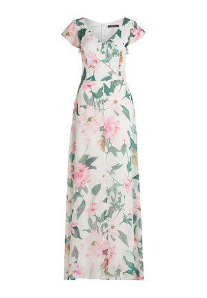 Blumenkleid im Maxistil aus leichtem, halbtransparentem Stoff. Es hat einen V-Ausschnitt, kurze Kappärmel und eine Mischung aus rosa und grünen Blumenmustern.