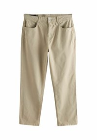 Beige straight-leg pants with front button, zipper, belt loops, and five pocket design, laid flat on white background.
