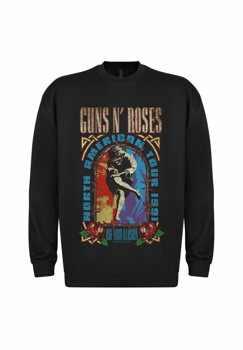 Sort sweatshirt med et farverigt grafisk print med en danser, roser og teksten "GUNS N' ROSES NORTH AMERICAN TOUR 1991."