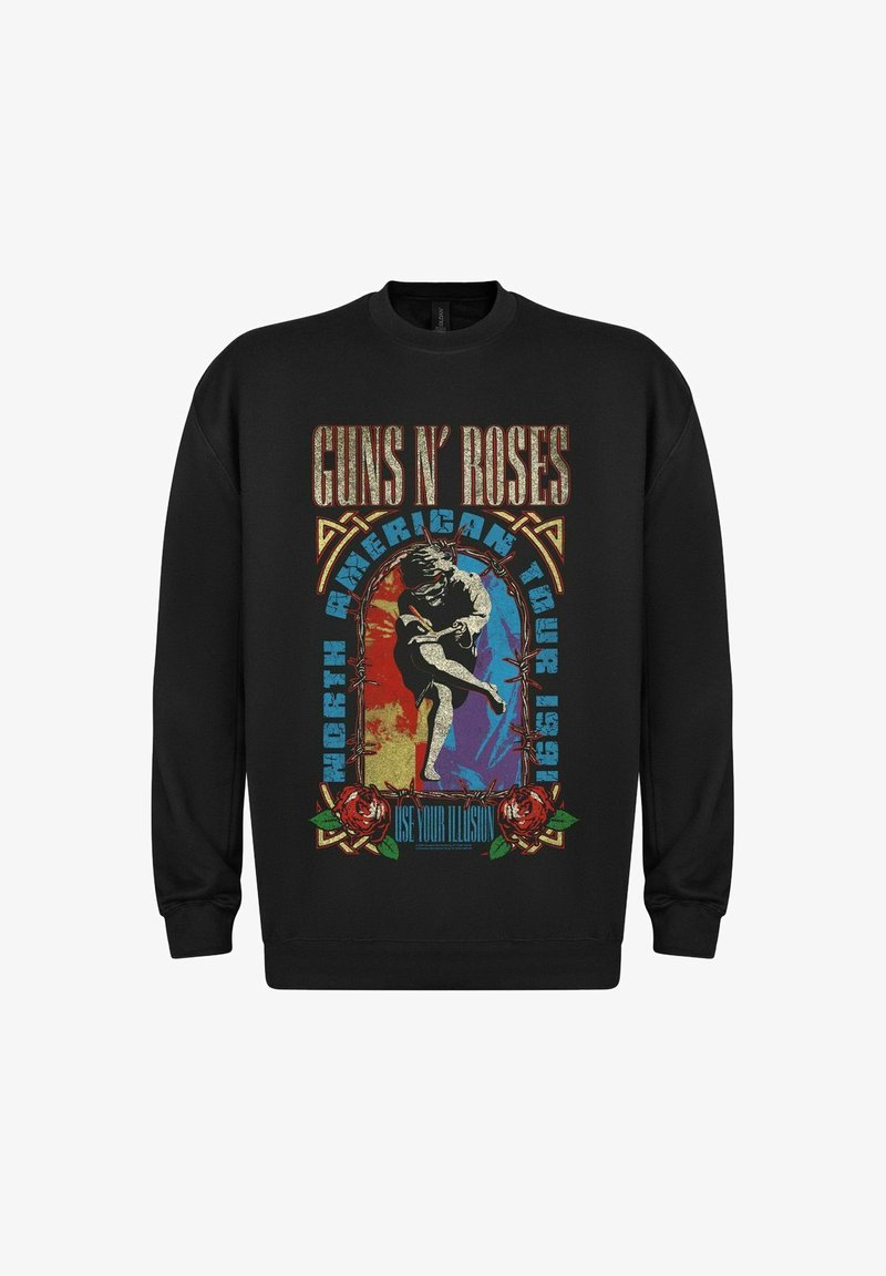 Sort sweatshirt med et farverigt grafisk print med en danser, roser og teksten "GUNS N' ROSES NORTH AMERICAN TOUR 1991."