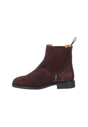 Dark brown suede Chelsea boot with elastic side panel, black sole, pull tab at heel, and "GANT" label on side.