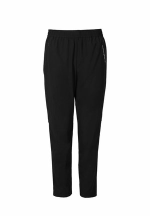 Black lightweight pants with an elastic waistband, zippered pockets, and a tapered design. Smooth texture and minimalist look.