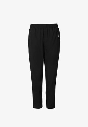 Black lightweight pants with an elastic waistband, zippered pockets, and a tapered design. Smooth texture and minimalist look.