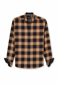Karierte Hemd in Brauntönen, Orangen und Blau. Hergestellt aus weichem Stoff, verfügt über einen Button-Down-Kragen und lange Ärmel mit Knopfmanschetten.