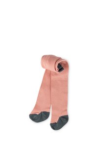 Collant rosa chiaro con una superficie liscia, dotati di punte rinforzate grigio scuro. Arrotolati in alto per una presentazione compatta.