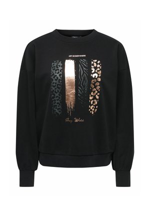 Sort langærmet sweatshirt med fire lodrette metal- og dyreprintstriber og teksten "Art is Everywhere" på brystet.