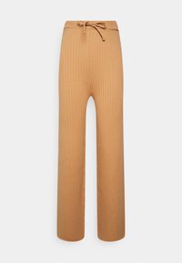 Calças largas com efeito canelado na cor bege, com uma cintura ajustável por cordão. Tecido suave com uma superfície texturizada e bainha reta.