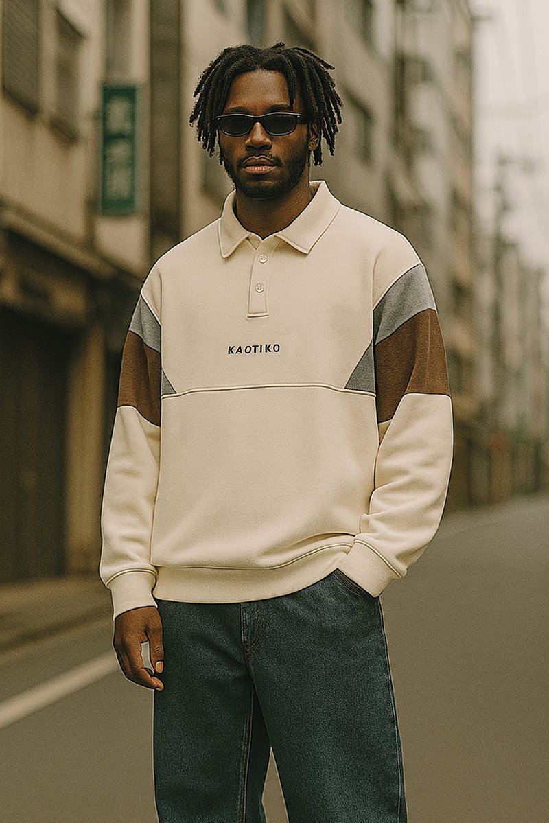 Άνδρας με γυαλιά ηλίου που φοράει μπεζ φούτερ με γκρι και καφέ λεπτομέρειες και το κείμενο "KAOTIKO", στέκεται σε αστικό δρόμο με τα χέρια στις τσέπες.