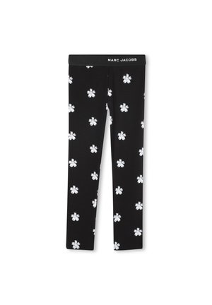 Schwarze Leggings mit einem Marc Jacobs-Logo-Bund, verziert mit gleichmäßig verteilten weißen Blumenmustern auf dem Stoff für einen strukturierten Look.