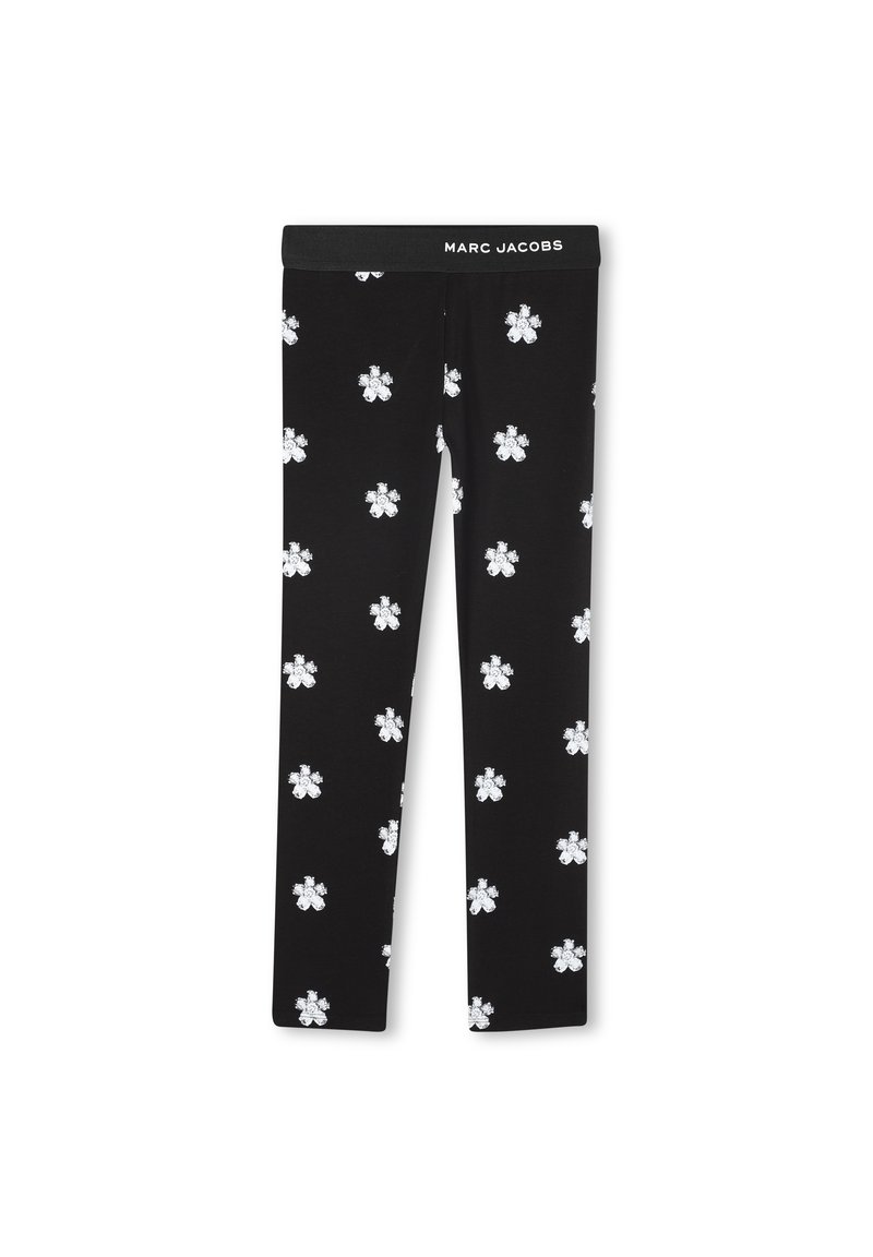 Schwarze Leggings mit einem Marc Jacobs-Logo-Bund, verziert mit gleichmäßig verteilten weißen Blumenmustern auf dem Stoff für einen strukturierten Look.