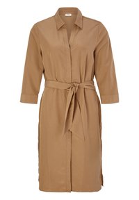 Abito marrone fino al ginocchio realizzato in tessuto leggero, con colletto, maniche lunghe e vita cintrata per un look aderente.