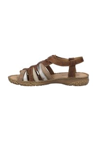 Brown leather sandal with silver accents, featuring multiple straps, open toe design, and textured rubber sole for grip.