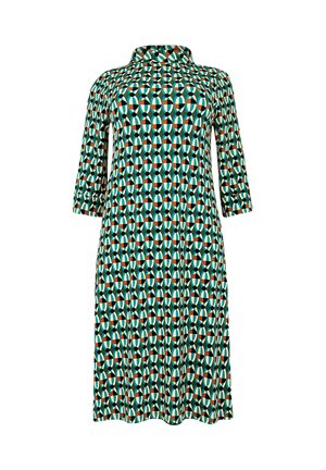 Grün gemustertes Kleid mit geometrischem Design, Kragen, dreiviertellangen Ärmeln und lockerer Passform. Hergestellt aus glattem, leichtem Stoff.
