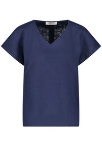 Haut en lin bleu marine avec un col en V et des manches papillon. Texture lisse, coupe décontractée et design minimaliste. Aucune texture ou motif visible.