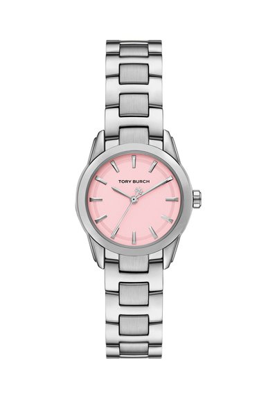 Sølv metal armbåndsur med lyserød urskive, sølv timeindikatorer, tre visere og Tory Burch-logo i midten.