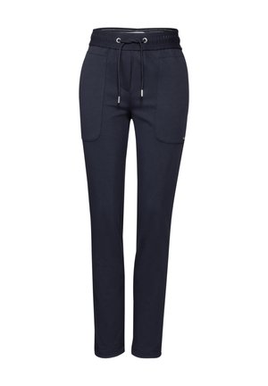 Pantaloni da tuta blu navy realizzati in tessuto misto cotone, con vita elastica e coulisse, due tasche anteriori e gambe affusolate.