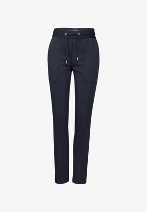 Dunkelblaue Jogginghosen aus Baumwollmischgewebe, mit elastischem Bund und Kordelzug, zwei Fronttaschen und schmal zulaufenden Beinen.