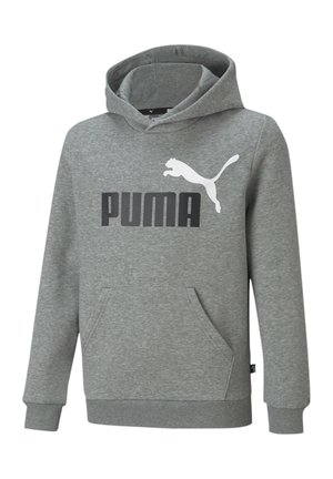 Grå hættetrøje lavet af blød stof, med en kængurulomme, ribbede manchetter og et stort sort PUMA-logo med en hvid pumasilhuet.