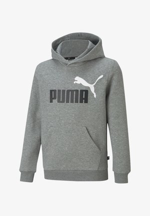 Hoodie gris en tissu doux, avec une poche kangourou, des poignets côtelés et un grand logo PUMA noir accompagné d'une silhouette de puma blanche.