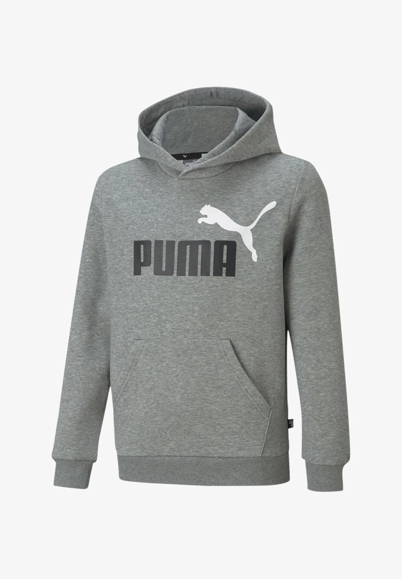 Hoodie gris en tissu doux, avec une poche kangourou, des poignets côtelés et un grand logo PUMA noir accompagné d'une silhouette de puma blanche.