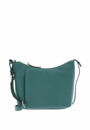 Sac à main en cuir teal avec une forme légèrement structurée, dotée d'une fermeture à glissière et d'une bandoulière réglable. Surface texturée avec des accents subtils.