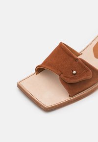 Sandale à glissière en suède marron avec une large sangle et un détail de bouton décoratif, dotée d'une semelle plate et d'un confortable coussinet en beige.