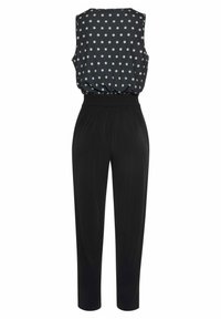 Svart jumpsuit med ärmlös topp i prickigt mönster och elastisk midja, med avsmalnande ben som slutar ovanför anklarna.