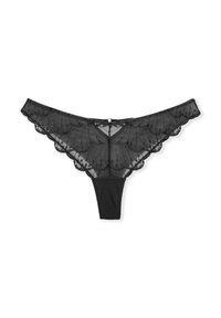 String noir en dentelle avec des bords festonnés, filet transparent avec des détails brodés et un dos en tissu uni. Comprend un petit accent en forme de nœud au centre.