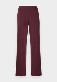 Pantalon droit pour femme de couleur marron avec passants de ceinture et poches latérales, présenté sur un fond blanc uni.