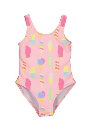 Costume da bagno intero rosa con stampa colorata di gelato. Presenta spalline sottili e una texture liscia. Design vivace con forme e pattern vari.