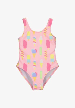 Rosa Badeanzug mit buntem Eisdruck. Mit dünnen Trägern und glatter Textur. Helles Design mit verschiedenen Formen und Mustern.