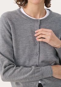 Šedý pletený kardigan s kulatým výstřihem, zapínáním na knoflíky a žebrovanými manžetami. Materiál vypadá měkký s hladkým povrchem.