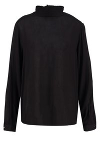 Chemise noire à manches longues avec un col montant froncé, en tissu lisse, dotée de poignets à boutons et d'une coupe droite.