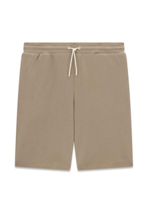 Beige strukturierte Stoffshorts mit elastischem Bund und weißem Kordelzug, mit einem dezenten „GUESS“-Logo am unteren linken Bein.