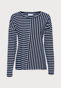 Marineblaues Langarmshirt mit abwechselnd dicken und dünnen weißen Streifen, Rundhalsausschnitt und einer lockeren Passform mit geradem Saum.