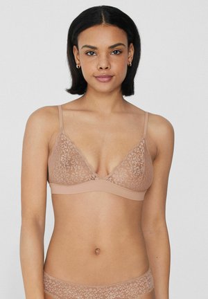 Spitzen-Bralette in Nude mit dreieckiger Form, verstellbaren Trägern, floralem Muster und einem glatten Unterbrustband.