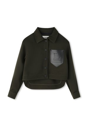Veste cropped vert foncé à manches longues, fermeture à boutons sur le devant, col pointu et poche noire en relief avec le logo "L Lanvin".