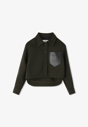 Donkergroene cropped jas met lange mouwen, knopen aan de voorkant, puntige kraag en een zwarte zakpatch met het reliëf van het "L Lanvin" logo.