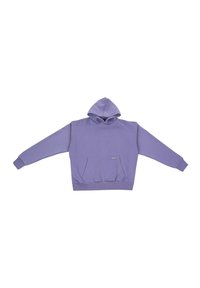 Lila Kapuzenpullover aus weichem Stoff, mit einer Kängurutasche, geripptem Saum und Bündchen sowie einer Kapuze mit Kordelzug. Einfaches, einfarbiges Design.
