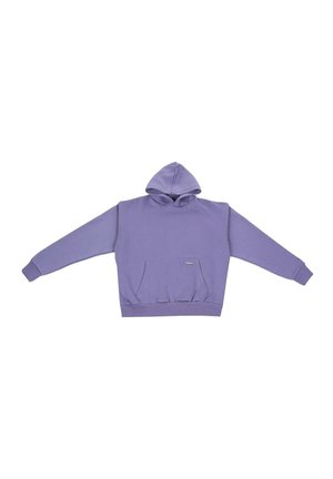 Lilla hoodie lavet af blødt stof, med en frontlomme, ribbet bund og manchetter, samt en hætte med snore. Enkel, ensfarvet design.