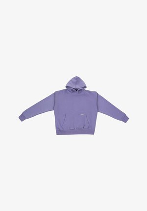 Purple hoodie made of soft fabric, featuring a front pocket, ribbed hem, and cuffs, with a drawstring hood. Simple, solid color design.