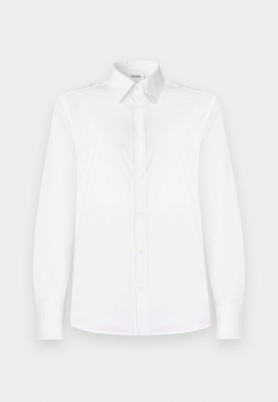 White long-sleeve shirt made of smooth fabric, featuring a collared neckline and a button front with light pink buttons.