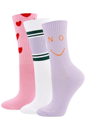 Three colorful crew socks: pink with red hearts, white with green stripes, and lavender with an orange smiley face and "NO" text.