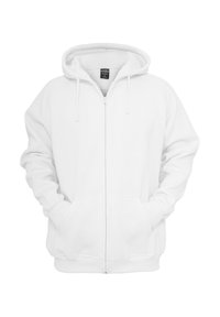 Witte zip-up hoodie gemaakt van zachte stof, met een capuchon met trekkoord, twee voorkruispockets en geribbelde manchetten.